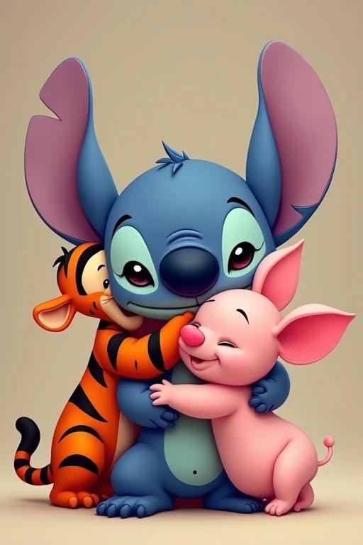 Cute character resembling Stitch with large ears. Stitch is hugging characters resembling Tigger and Piglet. Tigger is orange with black stripes. Piglet is pink and smiling. Characters express joy and friendship.