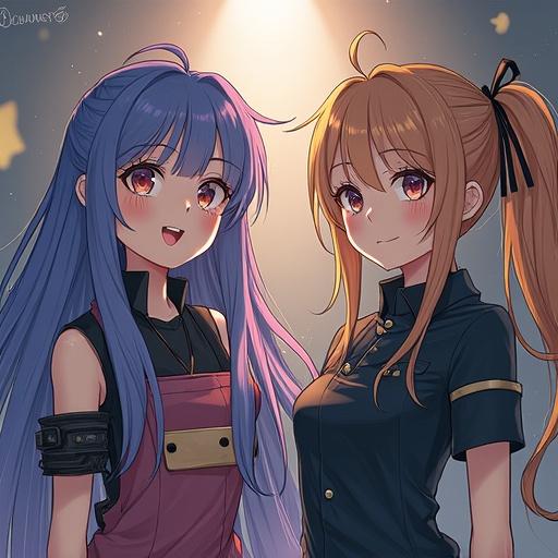 Two anime-style characters with colorful hairstyles smiling. One has long blue hair and the other has long blonde hair. They are in a soft-lit environment with highlights. The scene exudes warmth and friendliness.