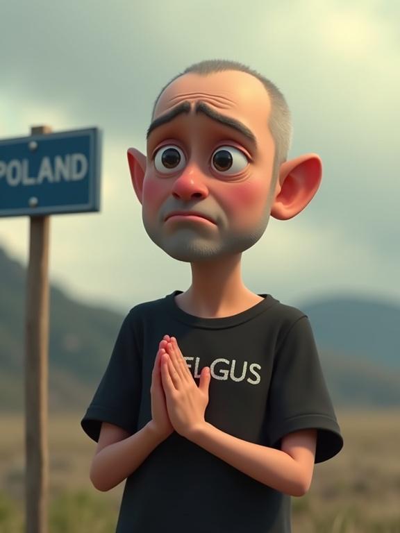 A Pixar-style cartoon of a sad bald man with grey sides and large dark eyes. He stands near a blue sign that reads POLAND. His hands are pressed together in a begging pose. The background is overcast with soft warm colors.