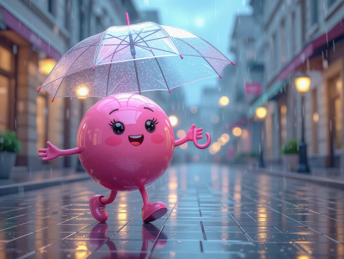 Highly detailed CGI of a pink gumball holding an umbrella on a rainy street. The gumball appears happy while swinging its free arm. The scene captures a lively atmosphere despite the rain.