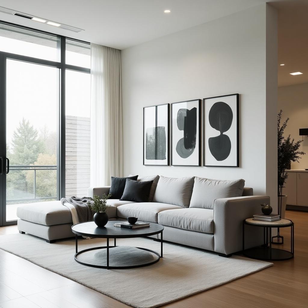 A modern living room featuring a gray sectional sofa, black and white artwork on the walls, and a round coffee table. Large windows allow natural light to illuminate the space.