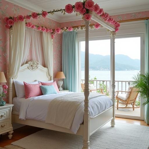 A light pink and white four poster canopy bed with pink roses around the top. Floral wallpaper in light pink and white. Light aqua accents and rug. French doors lead to a veranda overlooking the beach with flowers and mountains.