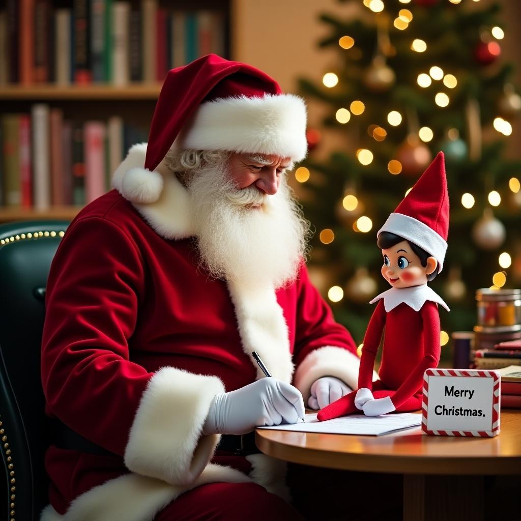 Santa writing in workshop. Elf on shelf holding a sign. Holiday decorations. Warm and festive atmosphere.