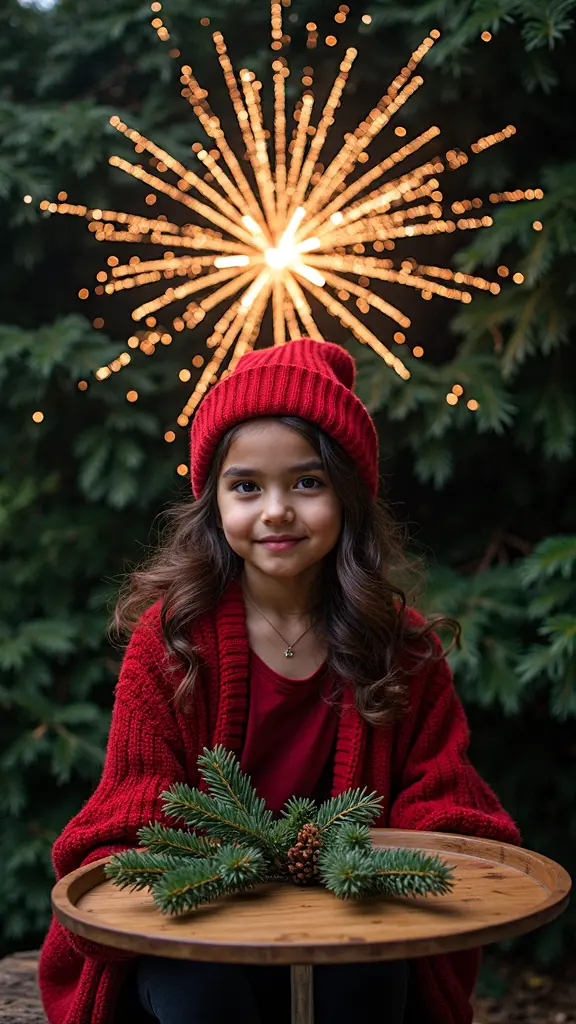 A young girl in a red knit hat and sweater poses outdoors with a festive backdrop of twinkling lights resembling a starburst.