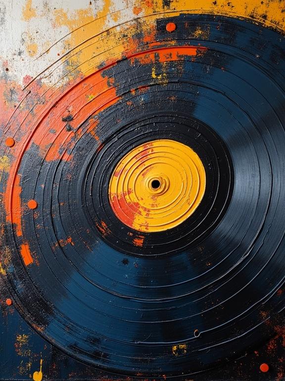 Close up view of a textured vinyl record painting. Abstract expressionist technique used. Bold colors of black yellow orange and blue. Grooves of the record are prominent throughout. Painting canvas fills the frame edge to edge.