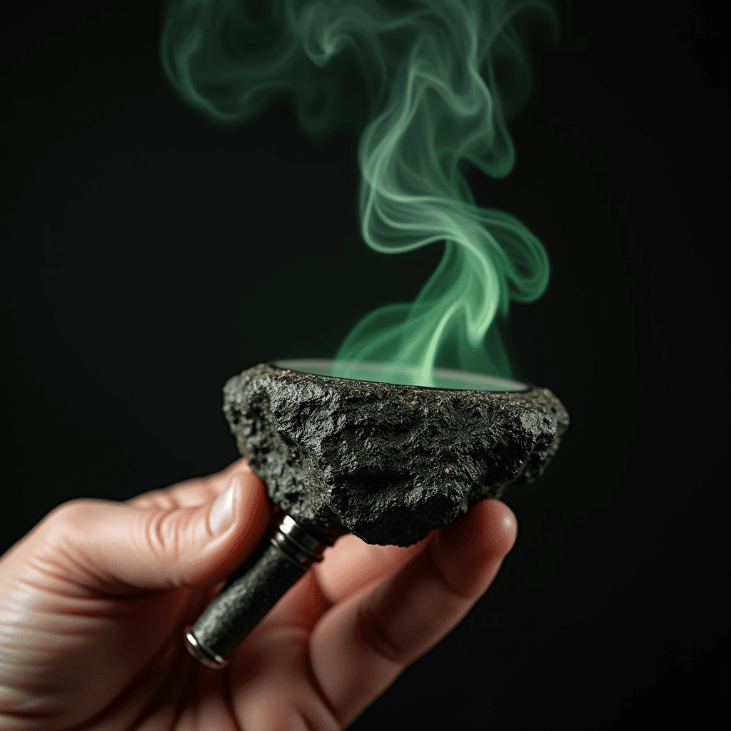 A hand holding a smoked stone device emitting green smoke against a dark background.