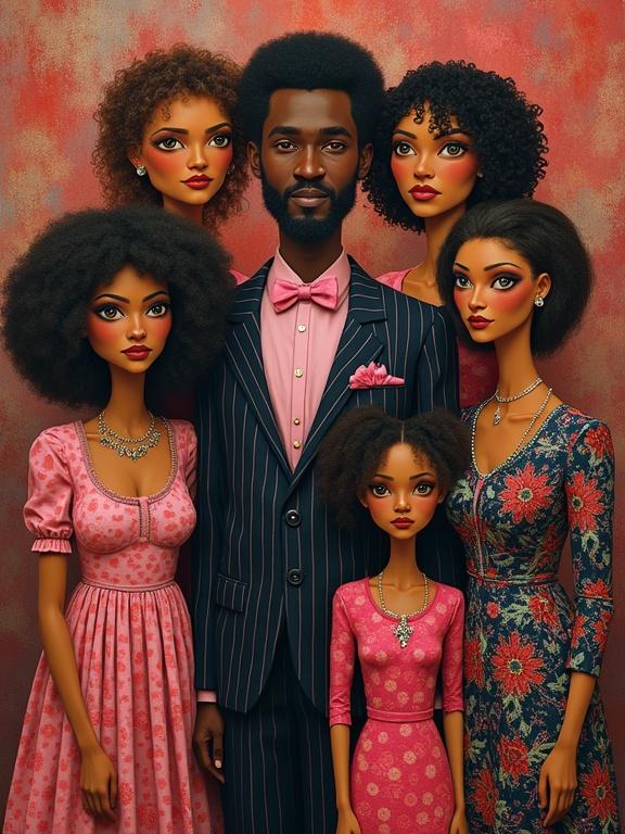 Portrait of a family in eccentric attire. Shades of pink and black. Intricate clothing patterns. Pin-striped suit and paisley details. Background features brown and red tones. Evokes lyrical abstraction. Hyper-detailed artwork. Emphasis on fashion and artistic expression.