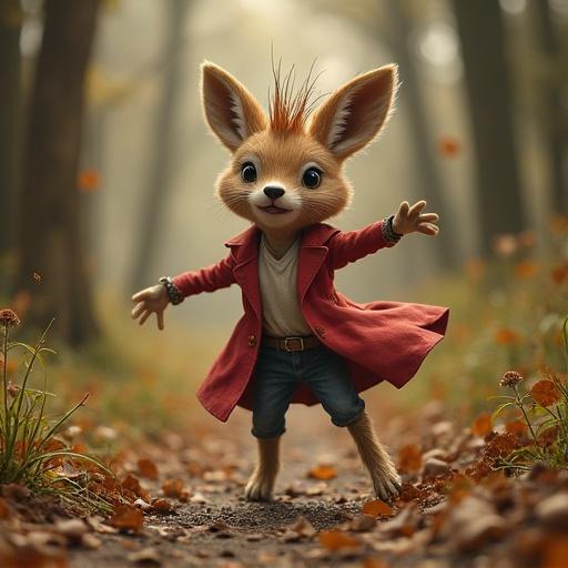 Create a whimsical anthropomorphic character in a forest setting. The character has large ears and spiky hair, wearing a red jacket. It is posed playfully amidst soft sunlight filtering through trees.