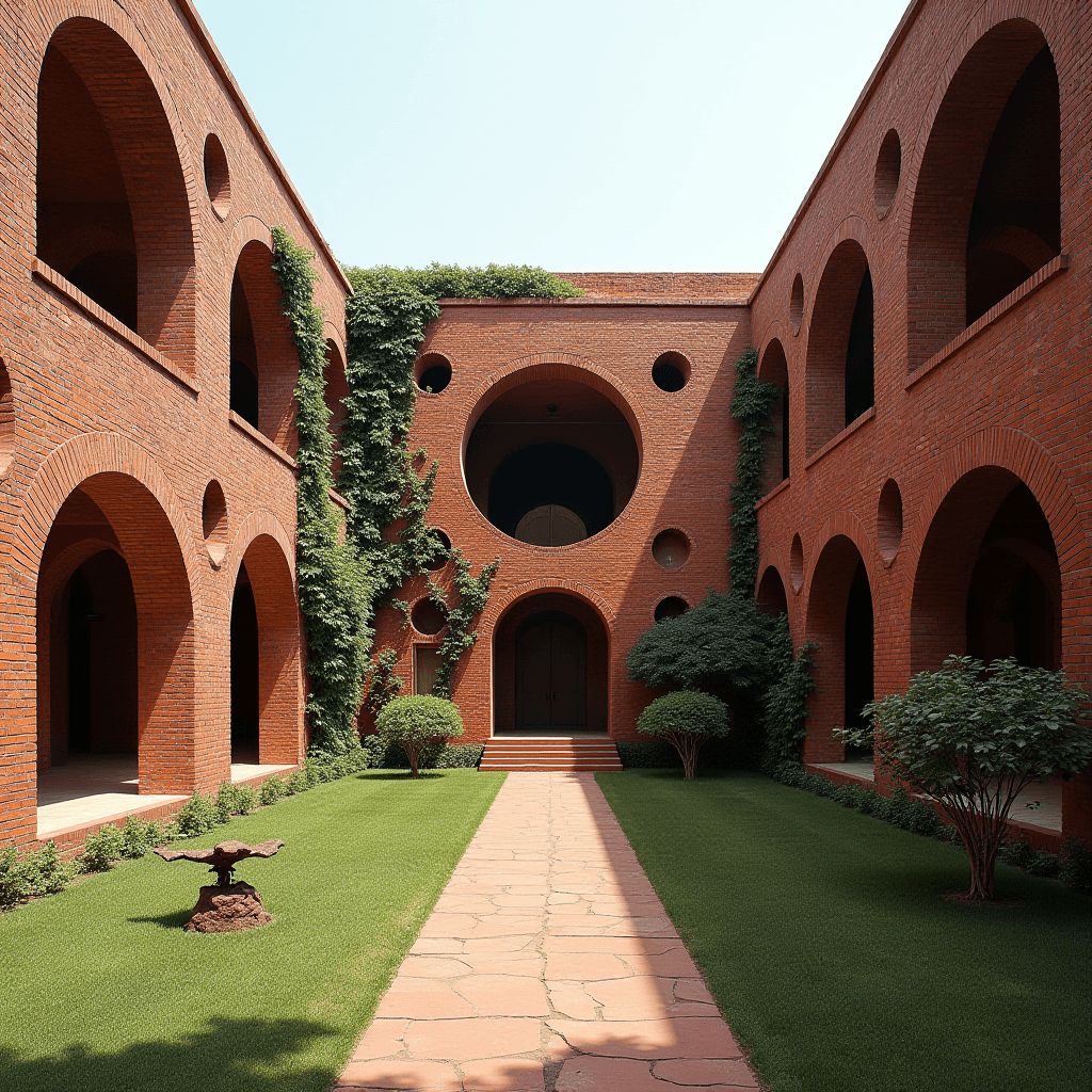 A tranquil courtyard with red brick arches and neatly trimmed greenery.