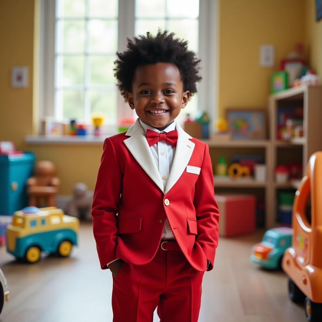 Four year old boy dressed in a red and white suit standing in a playroom. Room features colorful toys and decor. Boy poses confidently.