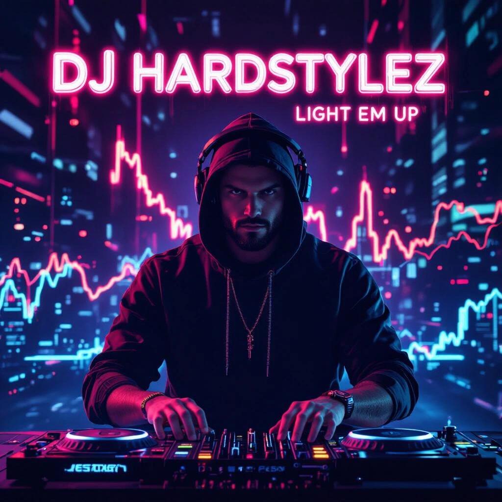 Artwork for an album cover featuring a DJ. Title includes DJ Hardstylez and Light Em Up. Dark neon colors create a vibrant atmosphere. DJ is at the center with turntables.