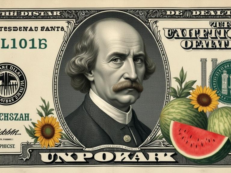 Full image of a conceptual banknote. Design replaces president's image. Features a Ukrainian Kozak with a distinct hairstyle. One hand holds a saber, the other a watermelon. Decorated with sunflowers and watermelons. Contains the word 'XEPCOH'. Background shows Kherson city view. Housed in an ornate baroque frame.