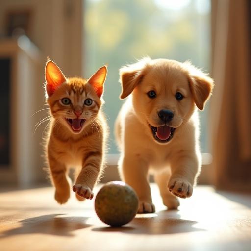 Playful orange tabby cat and fluffy golden retriever puppy chase rolling ball on sunlit wooden floor. Soft warm lighting enhances joyful expressions with shallow depth of field focus.