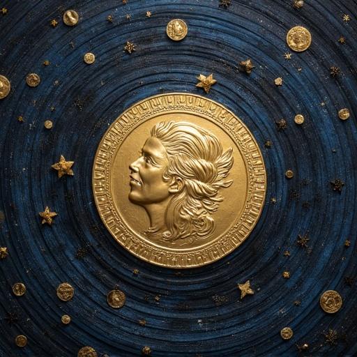 Circular coin featuring a portrait at center surrounded by a starry design