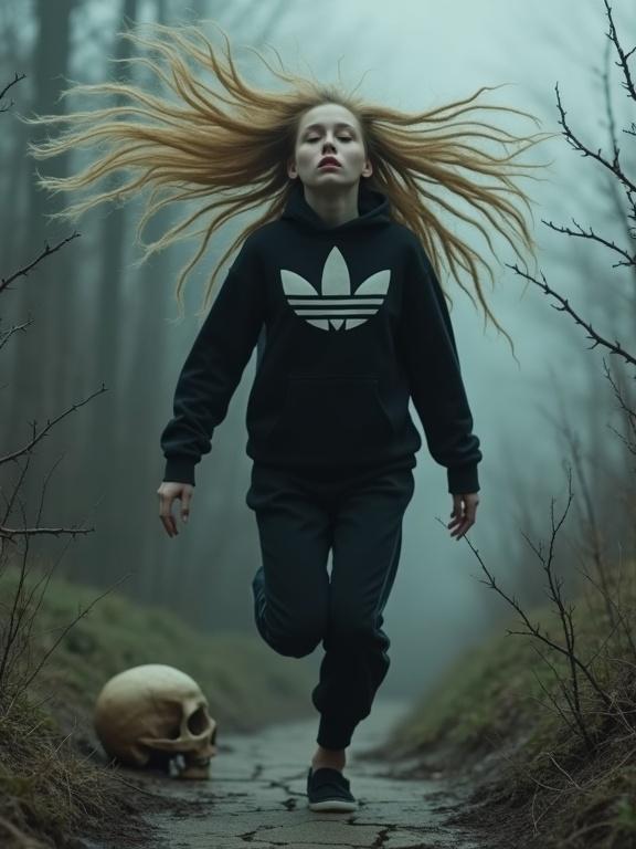 Dark photo of a pale young Scottish woman in a black Adidas tracksuit. She hovers mid-air with long blonde dreadlocks flowing upward. Facial expression is haunting. Surrounded by dry branches and an old skull. Dramatic lighting creates vintage effect with fog.