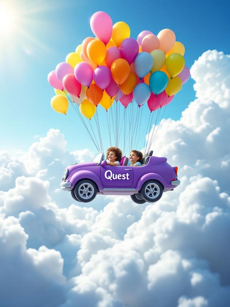 Two joyful kids are seated in a purple whimsical car floating in the sky. The car has the word Quest on it. Colorful balloons in various shapes are lifting the car above fluffy clouds. Children are excitedly gazing at the sky and clouds with joy.