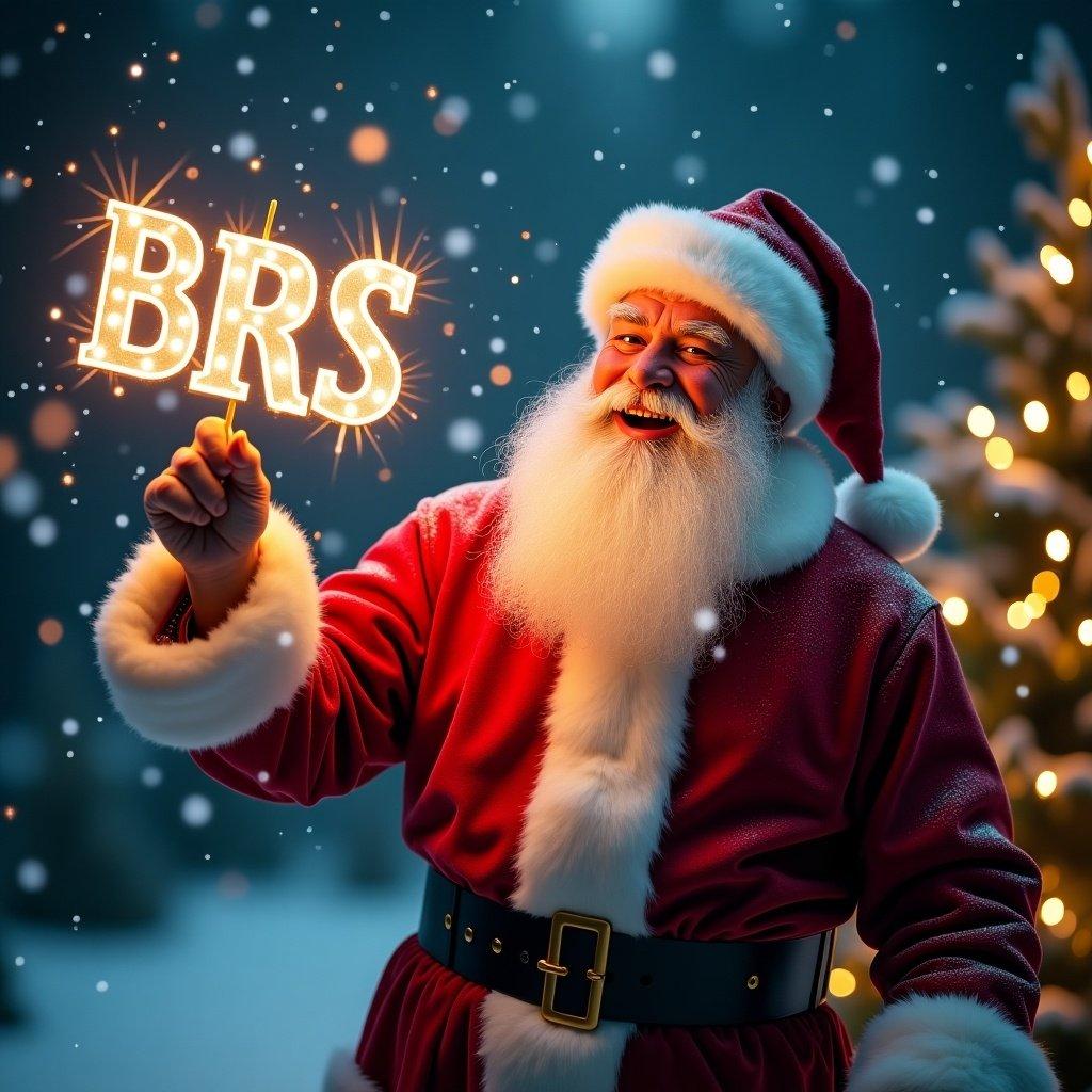 Santa Claus in a red suit with white fur trim celebrating Christmas night. He holds a glowing stick lighting up the word BRS Electrical. Snow is gently falling around him. Background features fairy lights and Christmas trees. Evokes warmth and holiday magic.