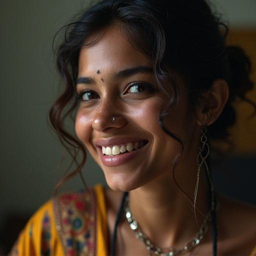 Smiling woman with traditional Indian attire, showcasing golden jewelry and a warm expression.