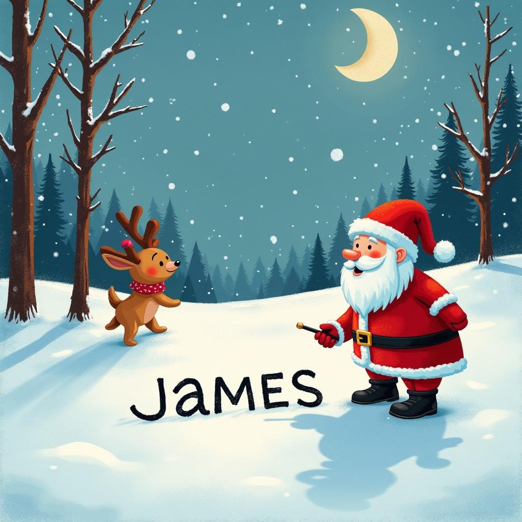 In a delightful winter scene, Santa Claus stands in a snowy landscape alongside an excited dog. Santa, dressed in his traditional red and white outfit, is writing names in the snow. The background features tall evergreens dusted with snow under a clear night sky with a crescent moon. The joyful atmosphere is enhanced by the presence of the cheerful dog with a collar. This image captures the whimsical spirit of Christmas and the joy of giving, perfect for holiday-themed materials.