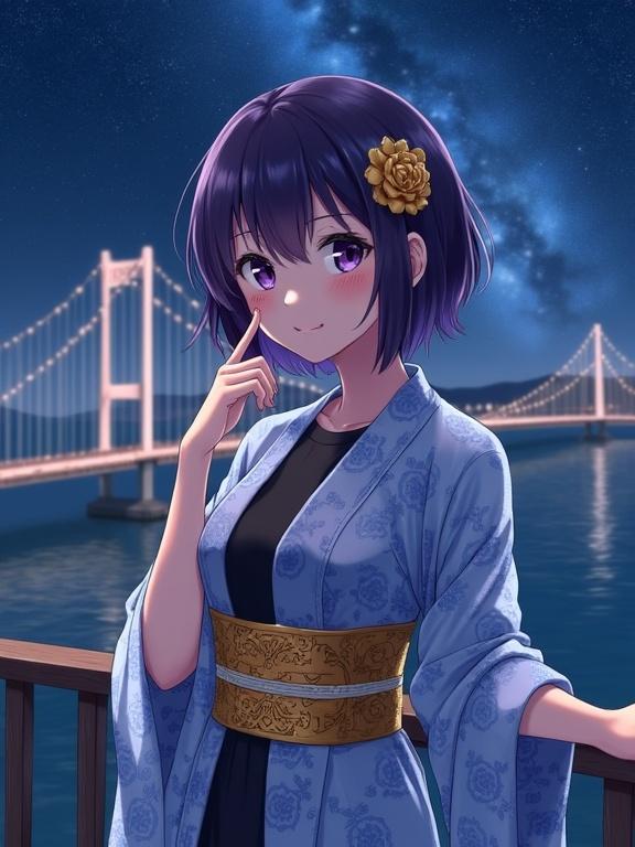 Anime-style woman with short dark violet hair and eyes wearing sheer kimono with blue floral pattern and golden obi. She touches her cheek while looking right. Nighttime seaside scene with illuminated white bridge and Milky Way in the background.