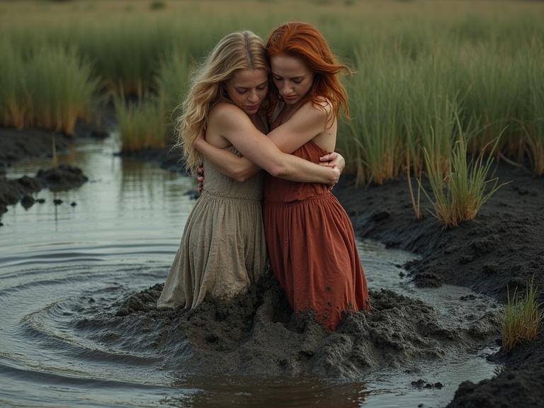 Two women in summer dresses standing in quicksand. The blonde woman is deep in the quicksand. She tries to help the redhead woman. Both women show emotional struggle. The quicksand is dark and textured like peat. There is grass around them.
