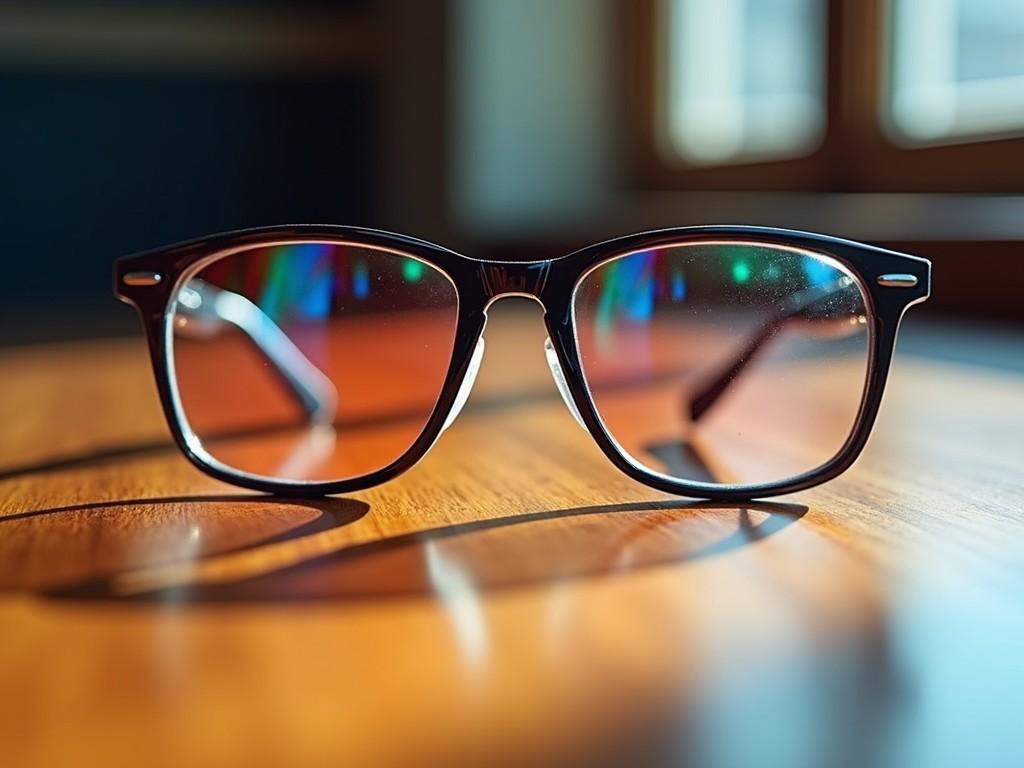 A pair of eyeglasses sits on a wooden table, its lenses catching random reflections of colors and light. The frames are black, adding a modern touch to the image. The natural light creates interesting patterns on the lenses. This close-up shot highlights the details of the eyeglasses and the surface they rest on. The background is softly blurred to keep the focus on the eyeglasses, creating an artistic feel.