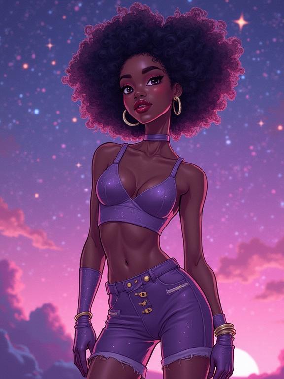 Cartoon portrait of a starlet with an afro hairstyle. She wears a cosmic outfit with a purple and pink color scheme. Background features a starry sky. Her pose is confident with unique fashion elements.
