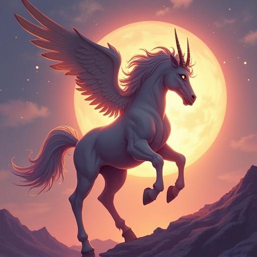 Unicorn with wings depicted in a fantasy style. Gray purple and gold color schemes. Glowing peach and light yellow hues. Set against a large moon in the background. Emphasis on motion and grace.