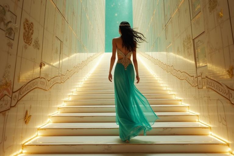 Arabian princess wearing turquoise gown ascends ornate staircase towards a mirror wall. The scene captures her from behind and above. The staircase has gold inlays and emits a magical glow. Butterflies flutter around her. Reflection of the princess synchronizes in the mirror. The ambiance is mystical and cinematic.