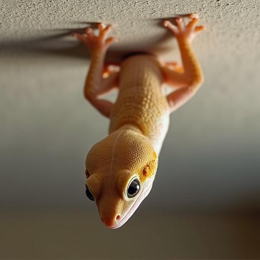 Ultra-realistic close-up image of a gecko hanging upside down from a ceiling. Body in sharp focus. Highlights intricate ridged pattern and lamellae of foot gripping surface. Natural lighting with soft shadows. Emphasizes texture of skin and microscopic structures on toes used for adhesion. Neutral background slightly blurred.