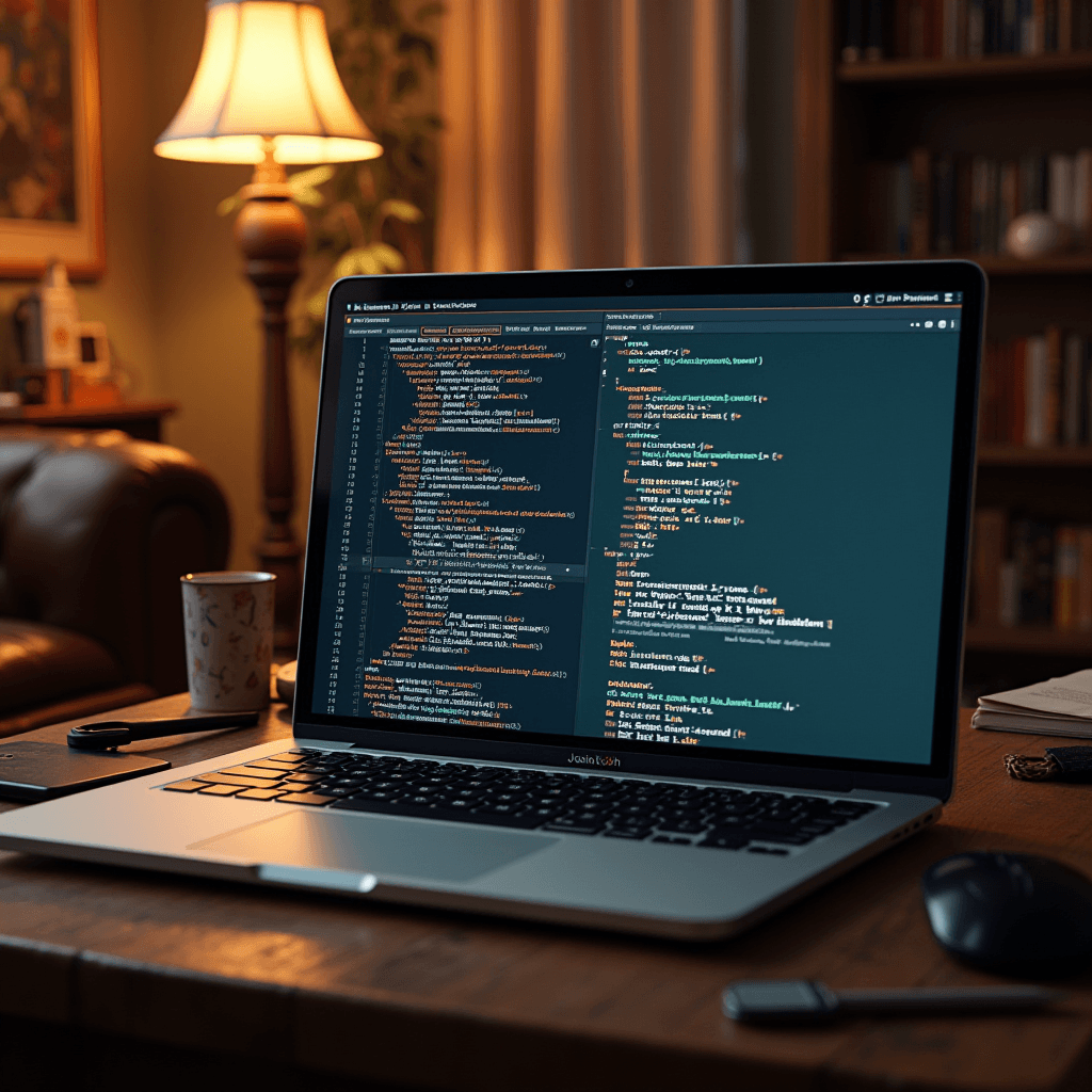 A laptop displaying code is placed on a wooden desk in a cozy room with a warm lamp glow.