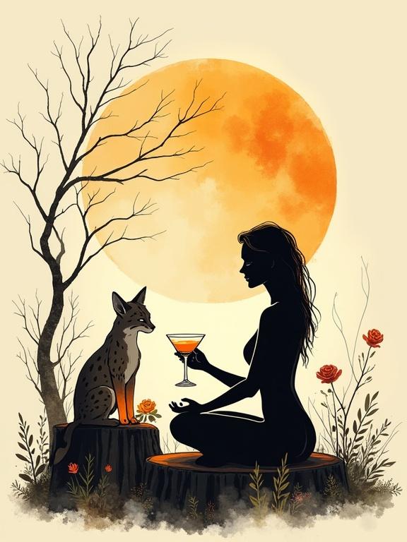 Minimalist silhouette of a modern goddess in a moonlit forest. Woman with flowing golden-reddish hair offers a toast with a cocktail glass. Lower apothecary-style bottle labeled 'ALFRUNO' on a tree stump. Includes a lynx observing the scene. Bold black outlines on beige background. Elegant and mysterious mood.