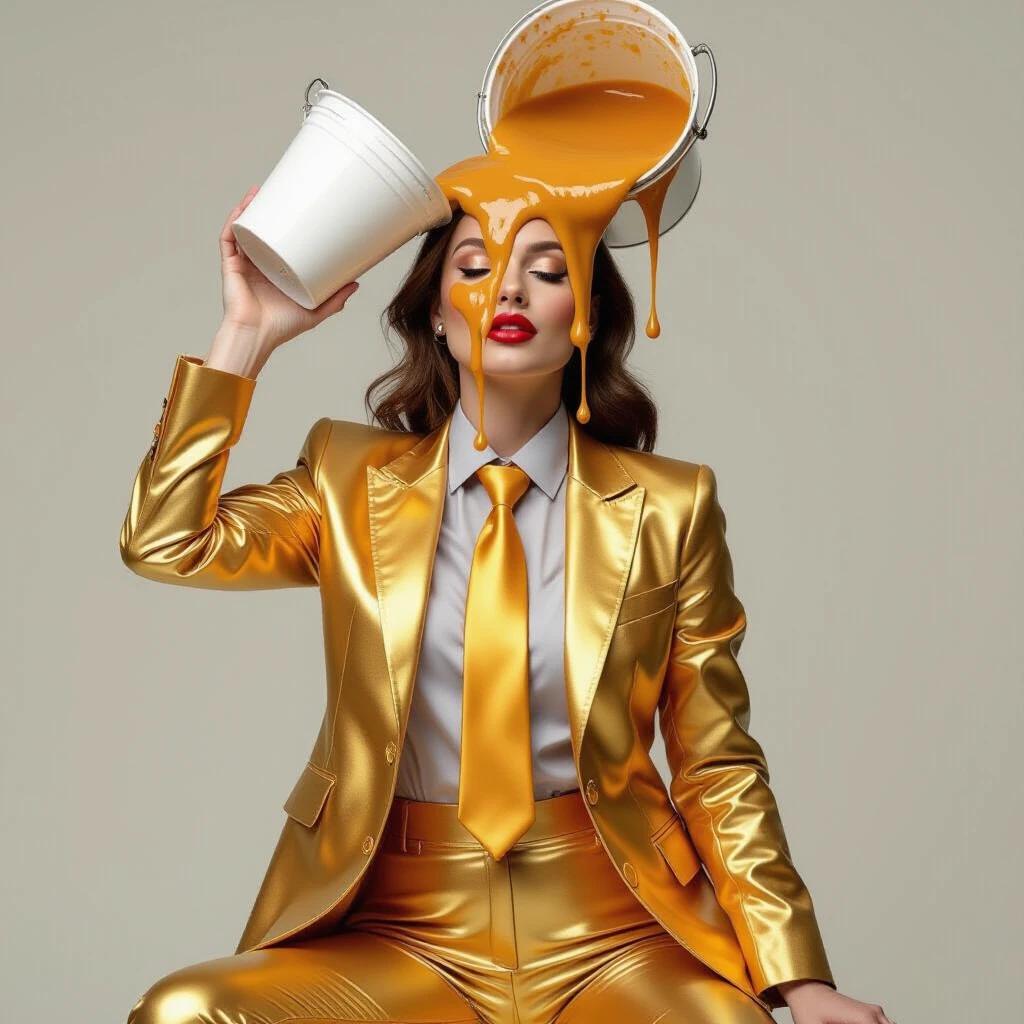 Photography shows a woman dressed in a shiny gold satin business suit. A grey shiny satin shirt and gold tie complement the outfit. Heeled shoes complete her look. A bucket filled with applesauce is being poured over her head. Applesauce covers her business suit, dripping across her face and hair. The applesauce splashes everywhere, creating a dirty and messy appearance. Emphasize the abundance of sauce and the playful, messy atmosphere.