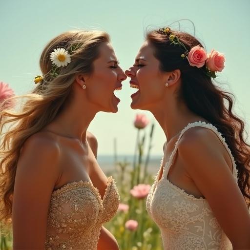 Two brides confront each other in an intense moment. Both women are tall with strong features. They have floral decorations in their hair. The backdrop features a flower field under sunlight.