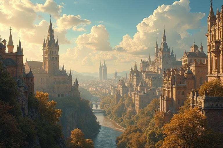 A vast landscape showcases a magical city filled with antique architecture. The scene is vibrant and sunny, with bright skies and fluffy clouds. Majestic castles rise amidst lush greenery near a flowing river, presenting a dreamy panorama.