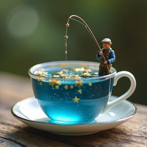 Miniature fisherman casting fishing line into a teacup. The cup contains deep blue tea with golden stars floating inside.