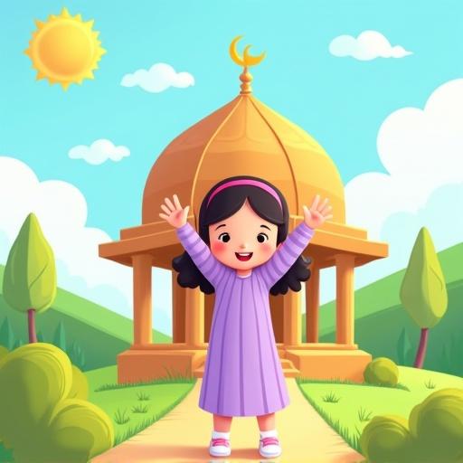 Colorful cartoon-style illustration for a children's book featuring an Islamic theme. A young girl in a light purple dress raises her arms joyfully in front of an Islamic-inspired house. The house has five pillars and a dome-shaped roof. A sunny outdoor scene with trees and hills in the background is filled with soft Islamic design elements.