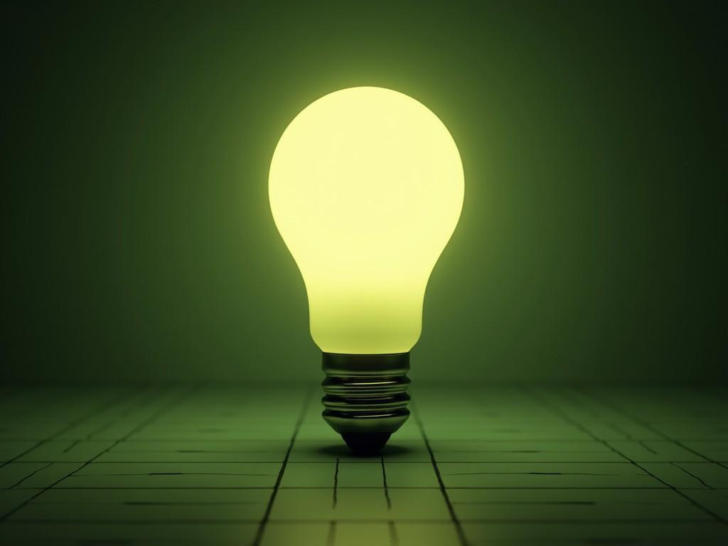 A glowing light bulb stands prominently on a grid-patterned surface. It emits a soft yellow-green light that creates a calming atmosphere. The design is minimalistic, emphasizing the bulb's shape and glow. The background is a neutral tone, allowing the light to be the focal point. This image is ideal for discussions around modern lighting solutions and home decor.