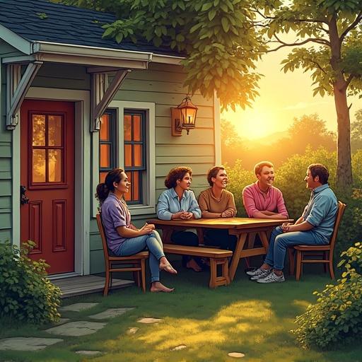 Cozy cottage outside with three women and three men sitting at a rustic table. They are having a lively conversation in golden light during early evening. The scene is surrounded by nature, with a charming atmosphere. Detailed comic book style with rich colors and whimsical elements.