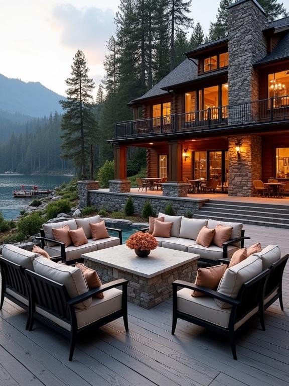 The image features an outdoor patio area of a lakeside log cabin. The design integrates cozy patio seating sets and a central stone table. There are flower arrangements and an inviting atmosphere for outdoor gatherings. A serene lakeside view complements the rustic cabin architecture.