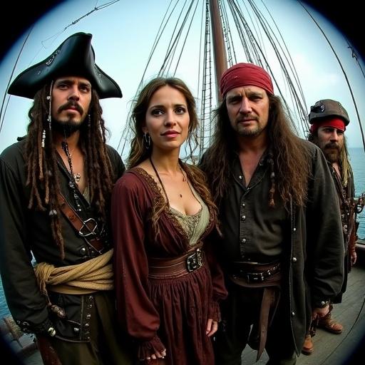 A fisheye lens group photo featuring characters from Pirates of the Caribbean. Characters include a pirate with a tricorn hat, a pirate in a brown coat, a woman in a historical dress, and two other pirates. All characters have exaggerated facial expressions. The background shows a pirate ship surrounded by a moody sea. The lighting is soft and dramatic.