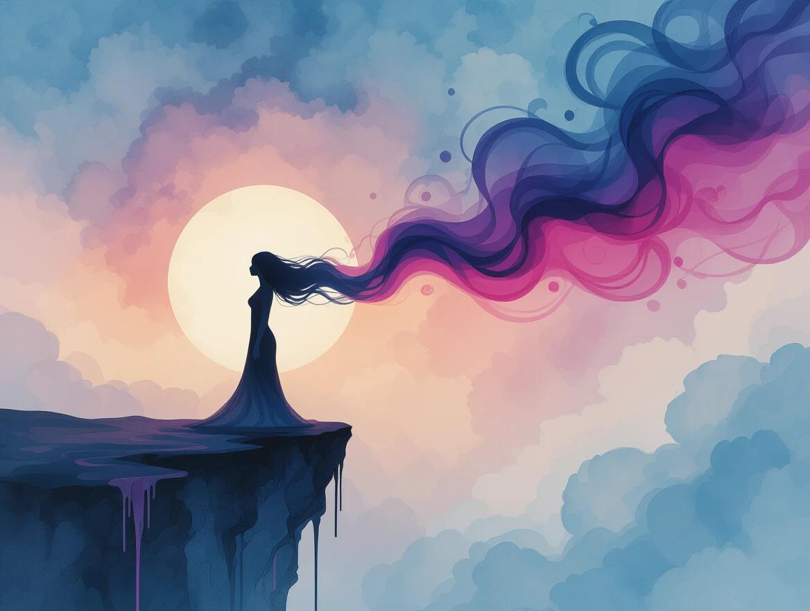 Ethereal female figure emerges from colorful dripping ink. Her form dissolves into streaks of magenta sapphire and deep black. Hair blends into swirling clouds of ink. Emotional surreal atmosphere. Standing on a dreamlike cliff. Glowing sky backdrop. Expressive modern ink style. Silhouette positioned on the left. Vibrant background with layered ink textures.