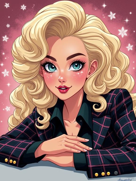 Close-up portrait of a drag queen in shojo manga style. Features large sparkling eyes with dramatic lashes. Voluminous cascading blonde curly hair with significant height. Expression shows surprise with perfectly drawn eyebrows and a bright smile. Makeup includes rosy blush spots and bold red lips. Wearing a black collared shirt and dark plaid blazer with pink lines. Left hand rests on a light gray surface. Right hand over chest in a classic pose. Background has screentone patterns and floating flowers.