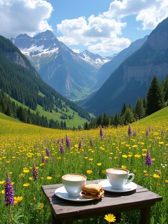 Vibrant alpine meadow set against dramatic mountains. Lush green meadow has clusters of wildflowers, predominantly yellow and magenta. Small wooden table with two white ceramic coffee cups and sandwiches. Forested slopes and rugged, snow-capped peaks in the background. Bright blue sky with fluffy clouds. Serenity captures beauty of mountain valley in bloom.