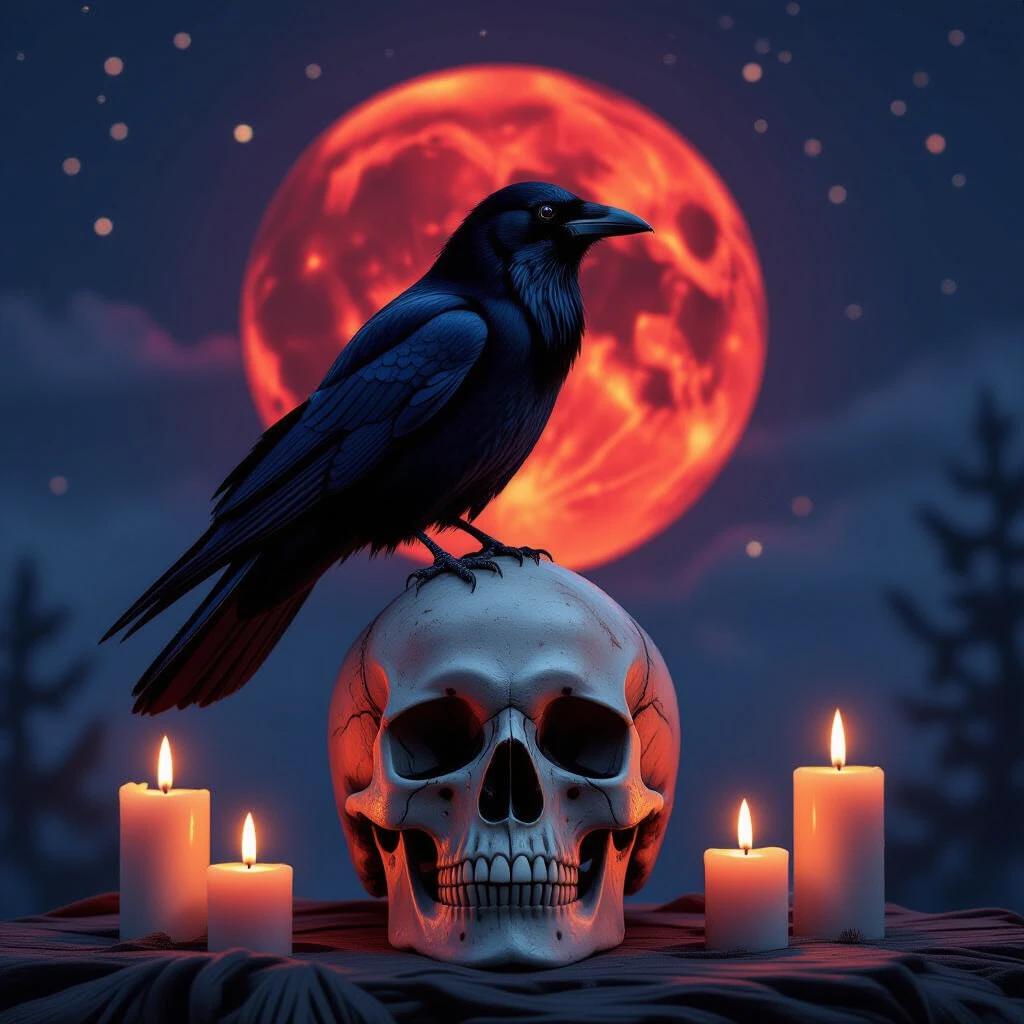 A crow positioned atop a skull. Background features a large red moon with a dark, night sky ambiance. Candles are placed beside the skull, illuminating the scene.
