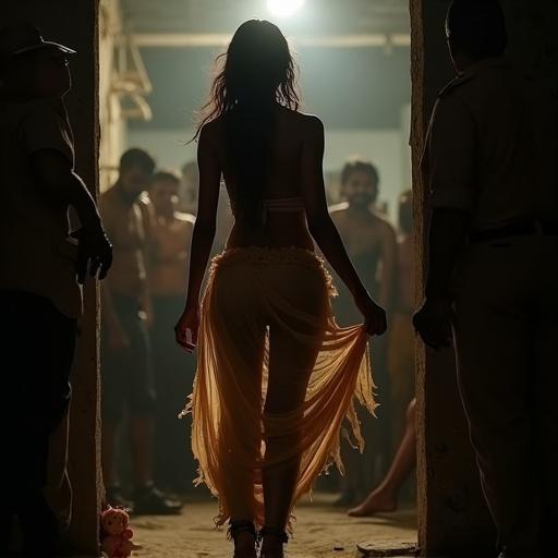 A sultry Indian exotic dancer twirls in a crumbling slum flat. Her sheer sari clings to her curves while she dances. The crowd in the background is blurred. A police officer watches her closely with a hand on his gun. A child's doll lies abandoned on the floor. The atmosphere is thick with tension and unspoken stories.