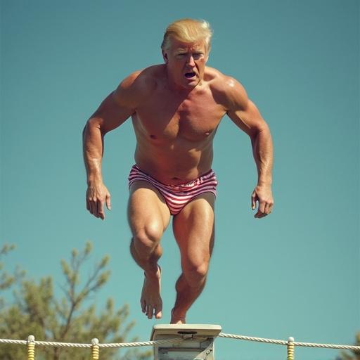 Trump in punk swimming trunks prepares to jump from a one meter springboard. The expression shows fear. Bright sunny day.