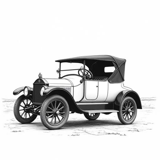 Detailed black and white line art of a 1910s automobile. Emphasis on functional design and clear details. Minimalist background with a hint of horizon. Clean technical illustration style with precise lines.