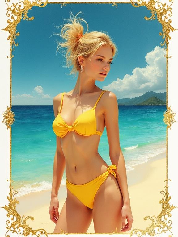 A beautiful woman wearing a cheerful yellow bikini stands on the beach. Attractive figure with a whimsical appearance and sunny backdrop. The image has a splashy white border with ornate golden designs.