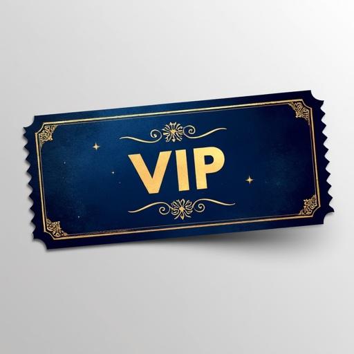 VIP flight ticket in deep blue color with golden letters and white accents. Elegant and luxurious design for exclusive access.
